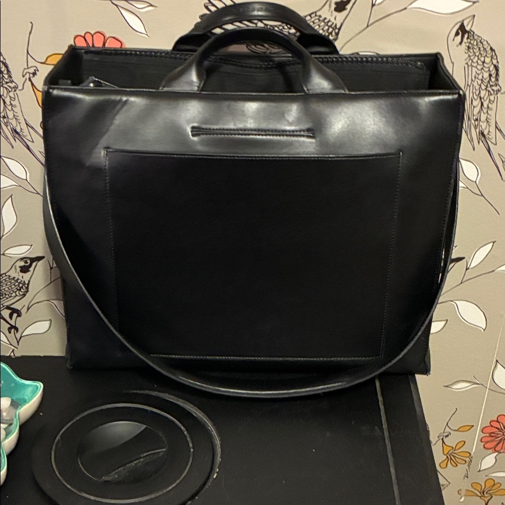 Black Leather Tote Bag with Top Handles and Shoulder Strap